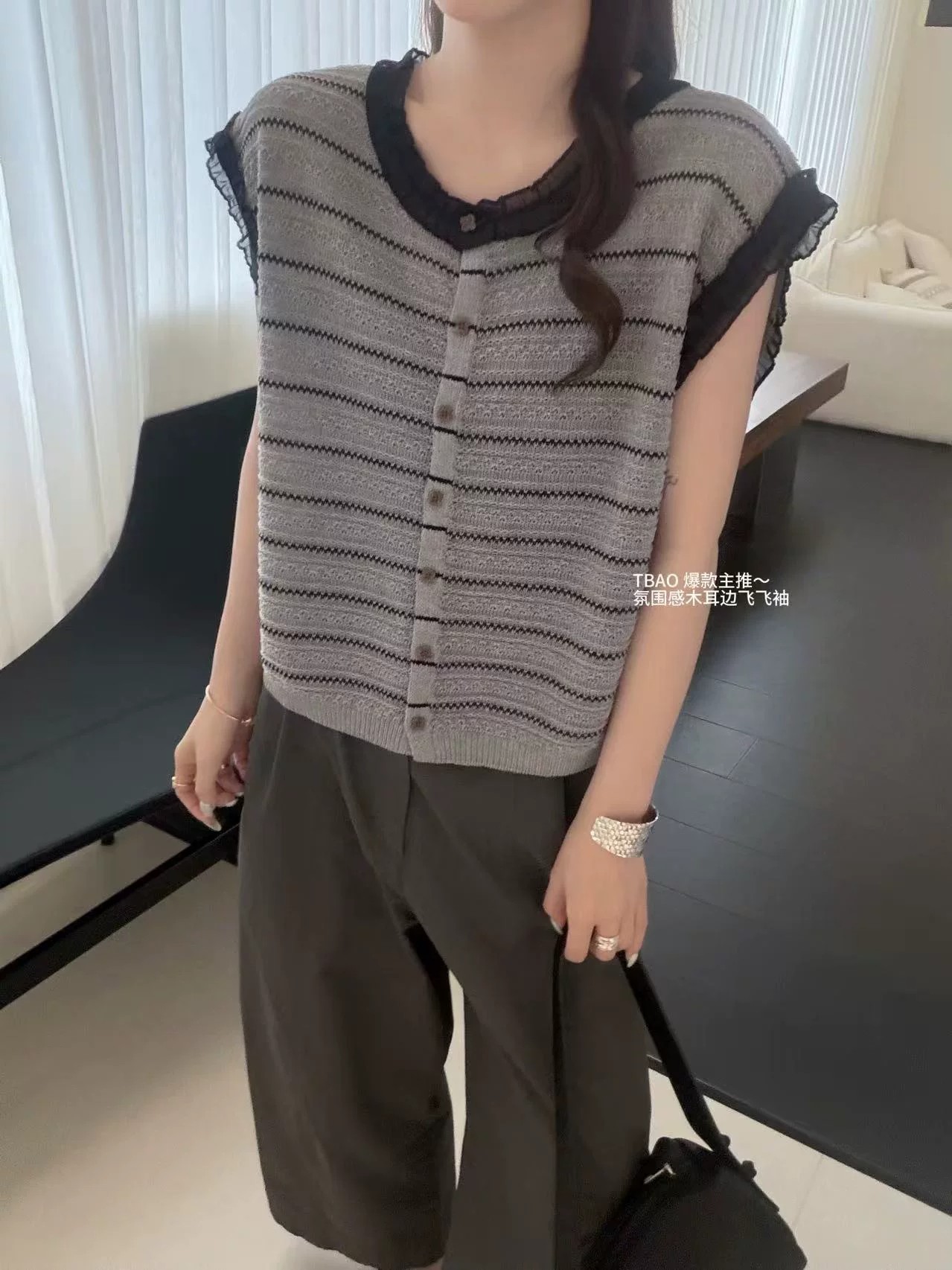 BADX正品韓系條紋撞色蕾絲花邊針織背心女夏季甜美溫柔風氣質上衣