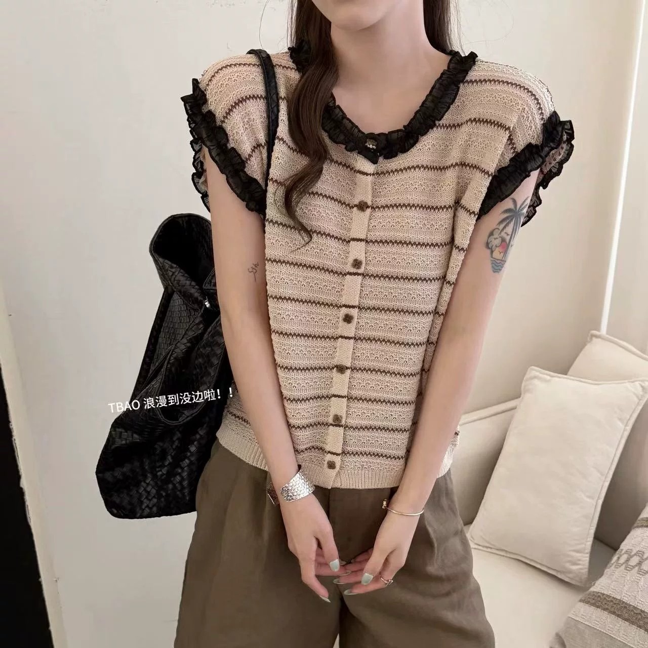 BADX正品韓系條紋撞色蕾絲花邊針織背心女夏季甜美溫柔風氣質上衣