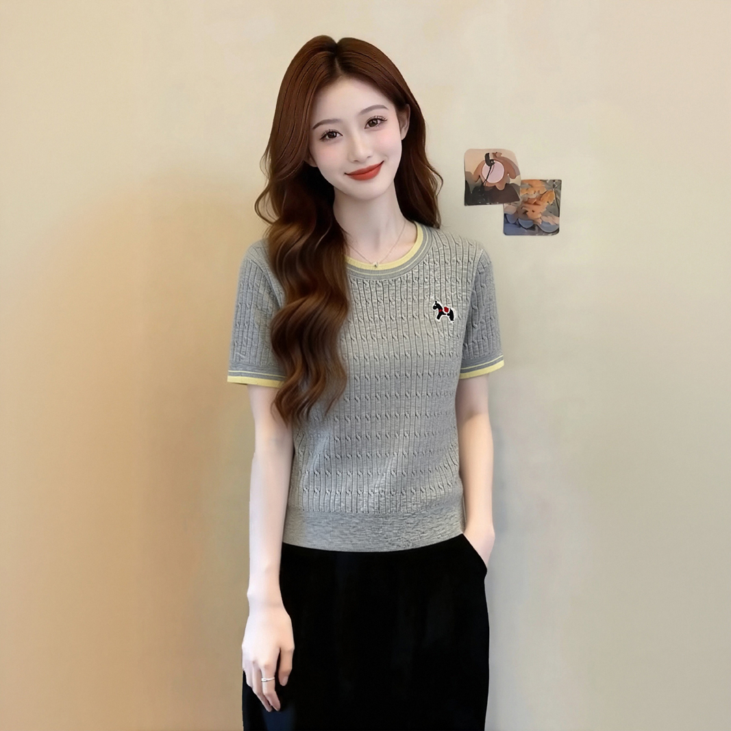 韓系學院風白色刺繡針織短袖T恤女夏季設計感小眾修身短款上衣薄