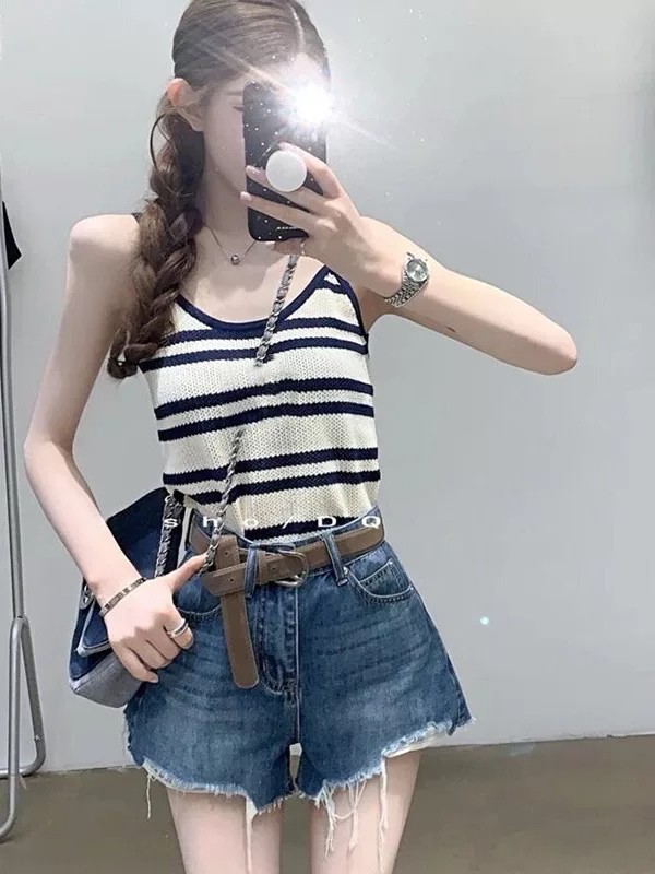 設計感韓系氣質撞色條紋吊帶背心女夏季新款修身顯瘦辣妹短款上衣