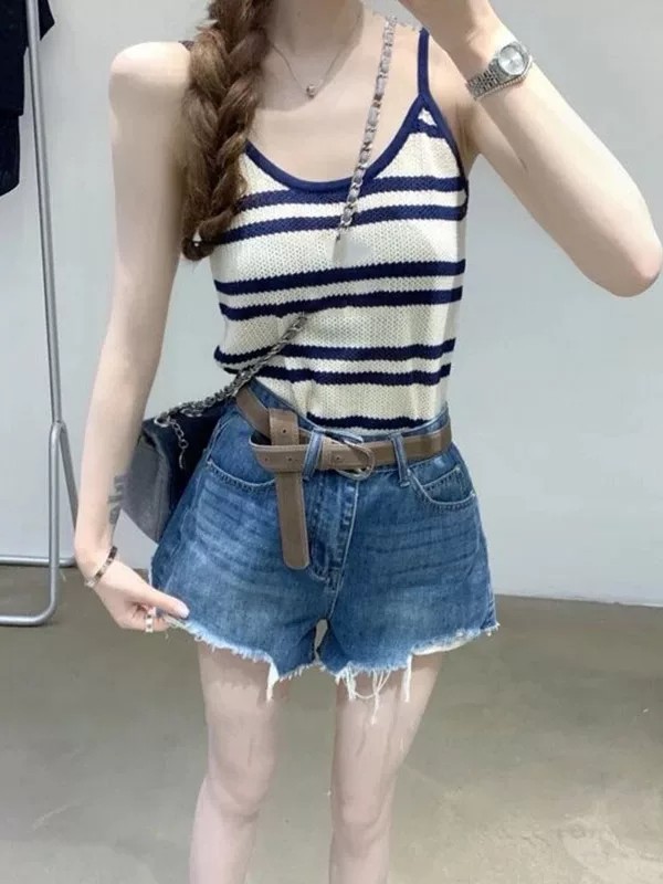 設計感韓系氣質撞色條紋吊帶背心女夏季新款修身顯瘦辣妹短款上衣