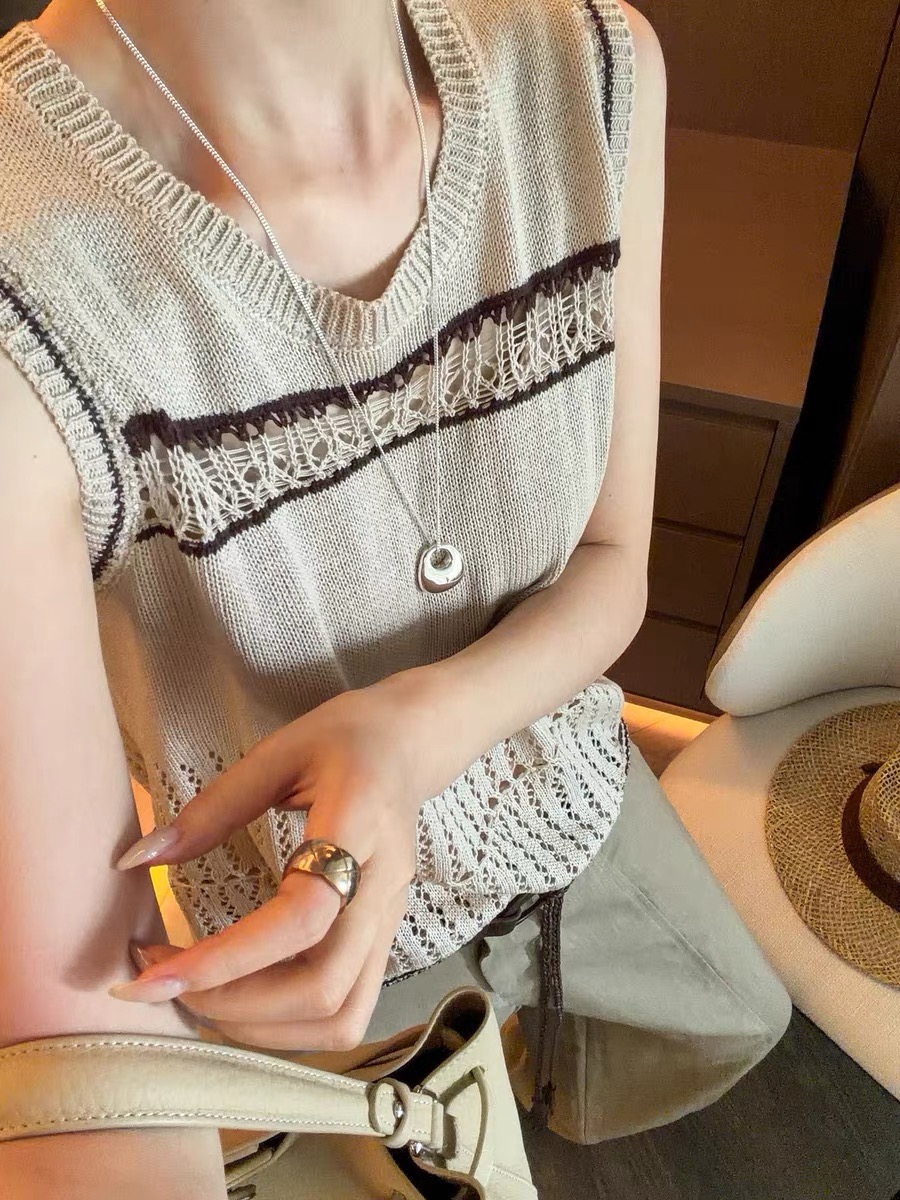 鏤空鉤花條紋冰絲針織衫女歐洲站2026夏季新款歐貨女裝洋氣上衣潮