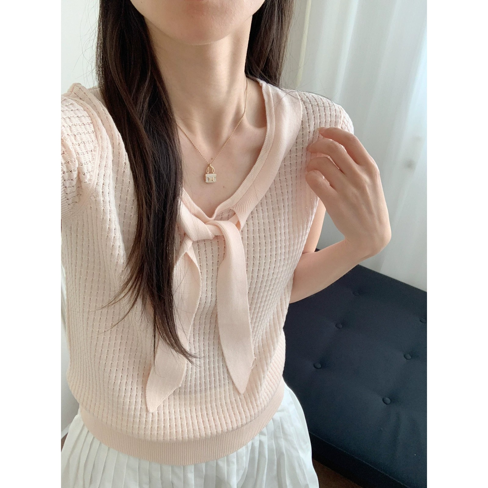 韓系溫柔甜美桑蠶絲棉小飛袖針織衫女夏設計感減齡時尚風百搭短袖