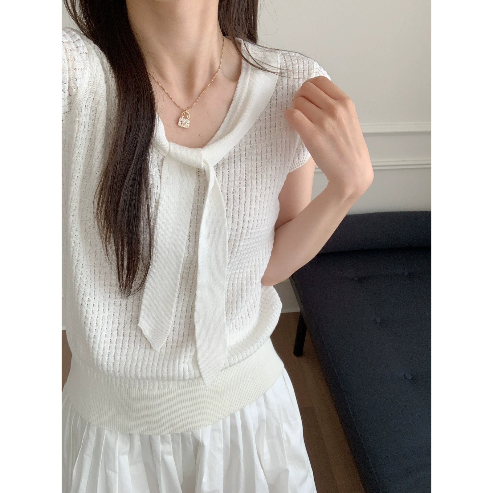 韓系溫柔甜美桑蠶絲棉小飛袖針織衫女夏設計感減齡時尚風百搭短袖