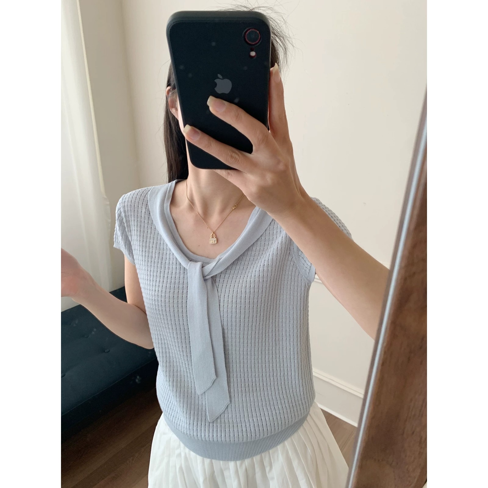 韓系溫柔甜美桑蠶絲棉小飛袖針織衫女夏設計感減齡時尚風百搭短袖