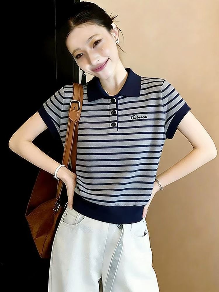 官圖  2026夏季新款通勤風T恤女撞色條紋Polo領寬松短袖套頭上衣