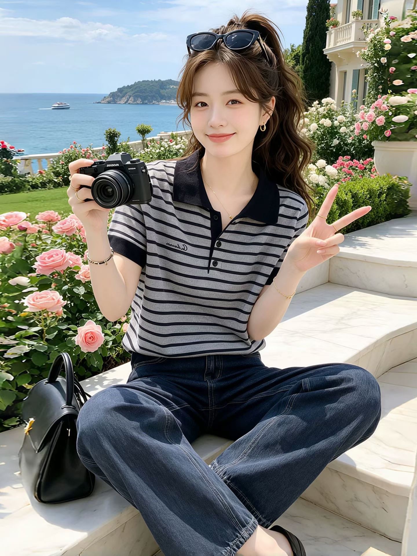 今年流行爆款Polo領條紋短袖針織衫女夏季新款修身顯瘦洋氣上衣潮