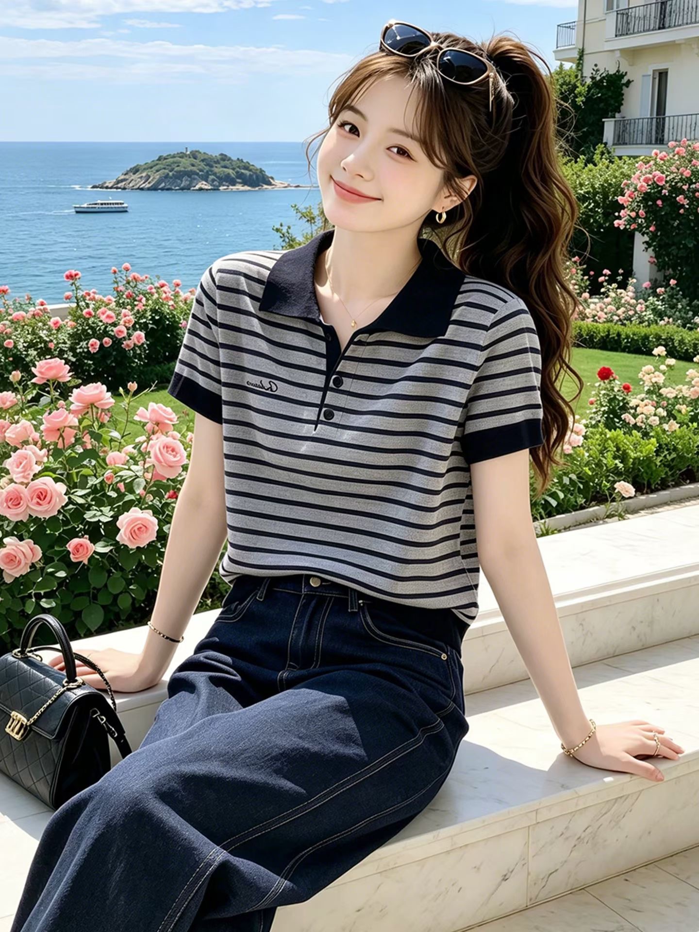 今年流行爆款Polo領條紋短袖針織衫女夏季新款修身顯瘦洋氣上衣潮