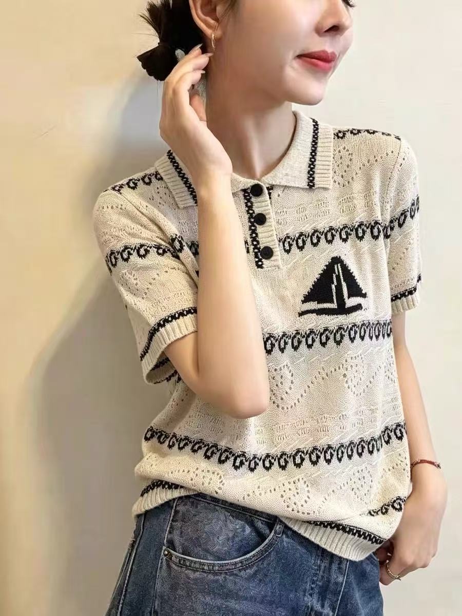 韓系費爾島帆船提花針織短袖女溫柔復古學院風Polo領百搭顯瘦上衣