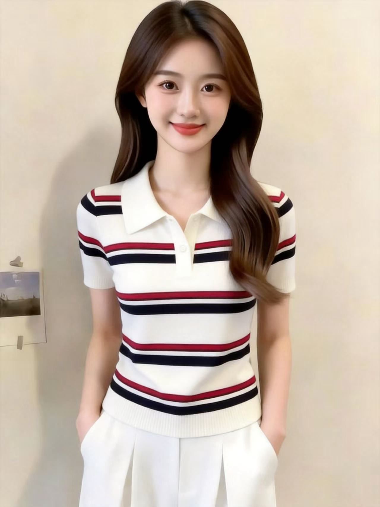 遮肚條紋POLO領休閑短袖針織女