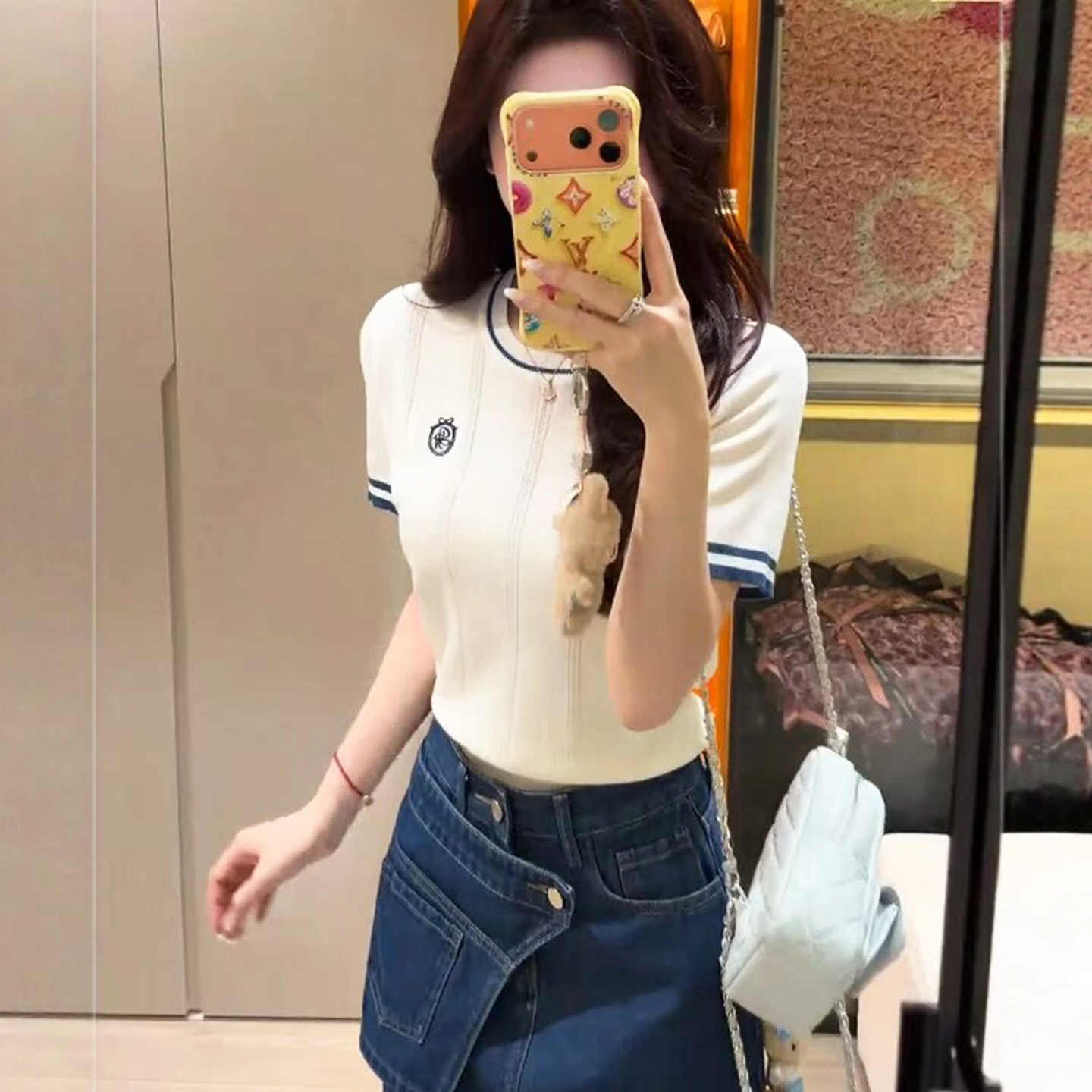 韓系巨好看絕美漂亮撞色短袖刺繡冰絲針織衫女夏季氣質學院風上衣