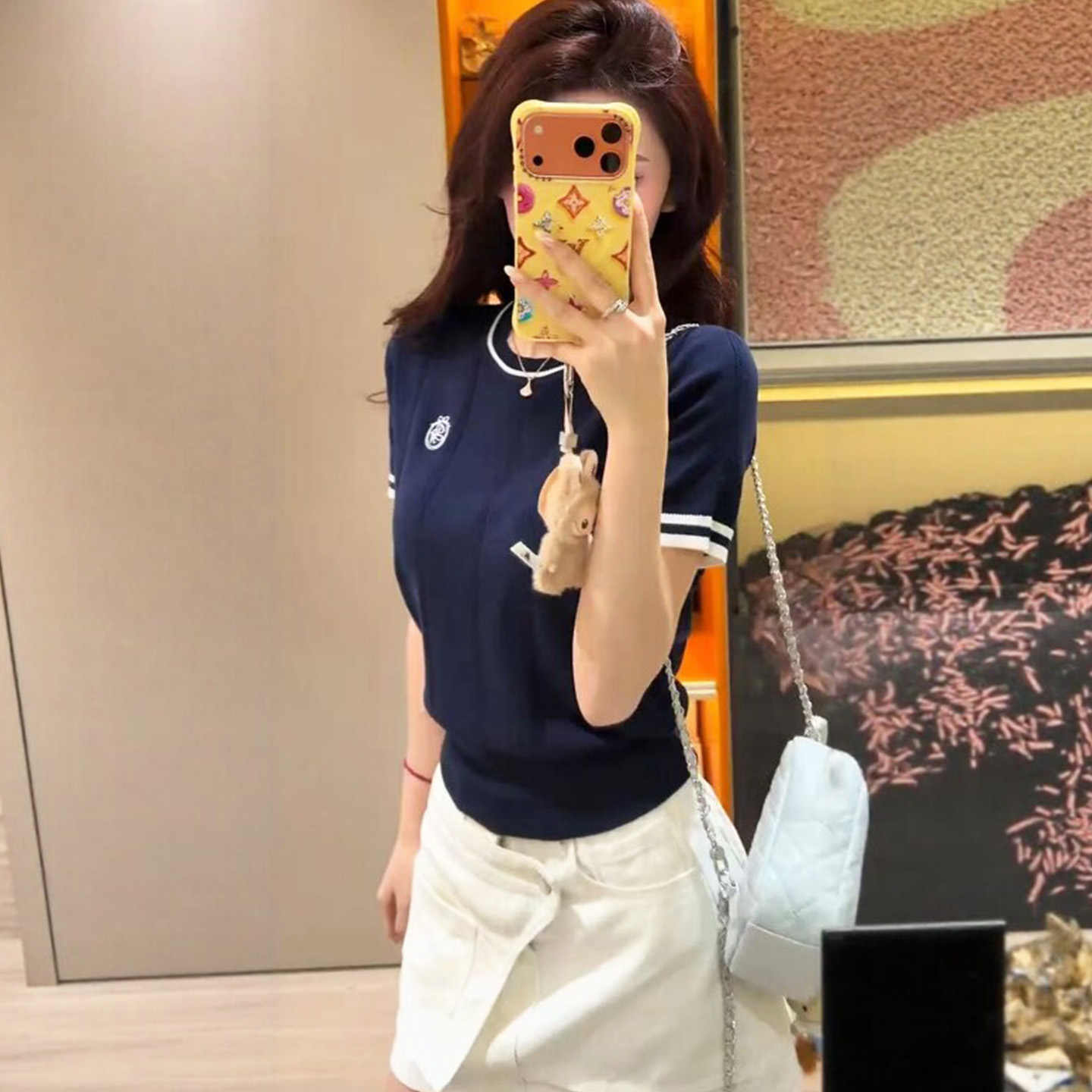 韓系巨好看絕美漂亮撞色短袖刺繡冰絲針織衫女夏季氣質學院風上衣