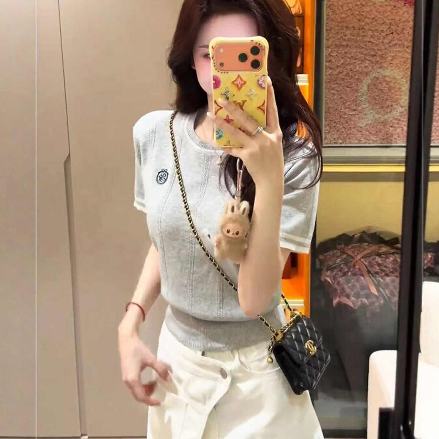 韓系巨好看絕美漂亮撞色短袖刺繡冰絲針織衫女夏季氣質學院風上衣