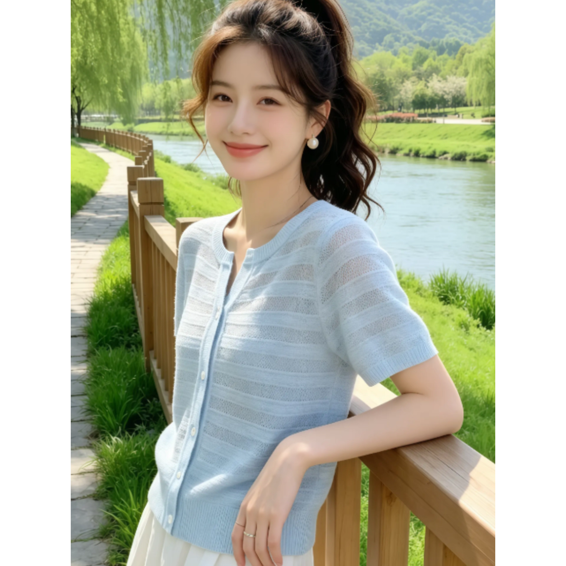 設計感藍色針織開衫短袖T恤女夏季2026新款時尚百搭洋氣減齡上衣