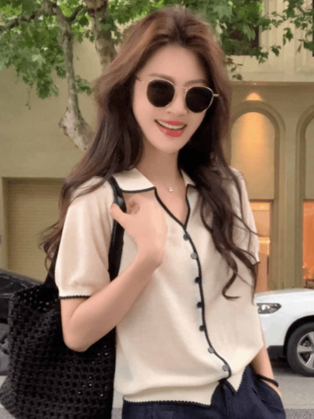 韓系Polo領灰色短袖冰絲針織開衫女巨好看的夏季獨特漂亮上衣薄款