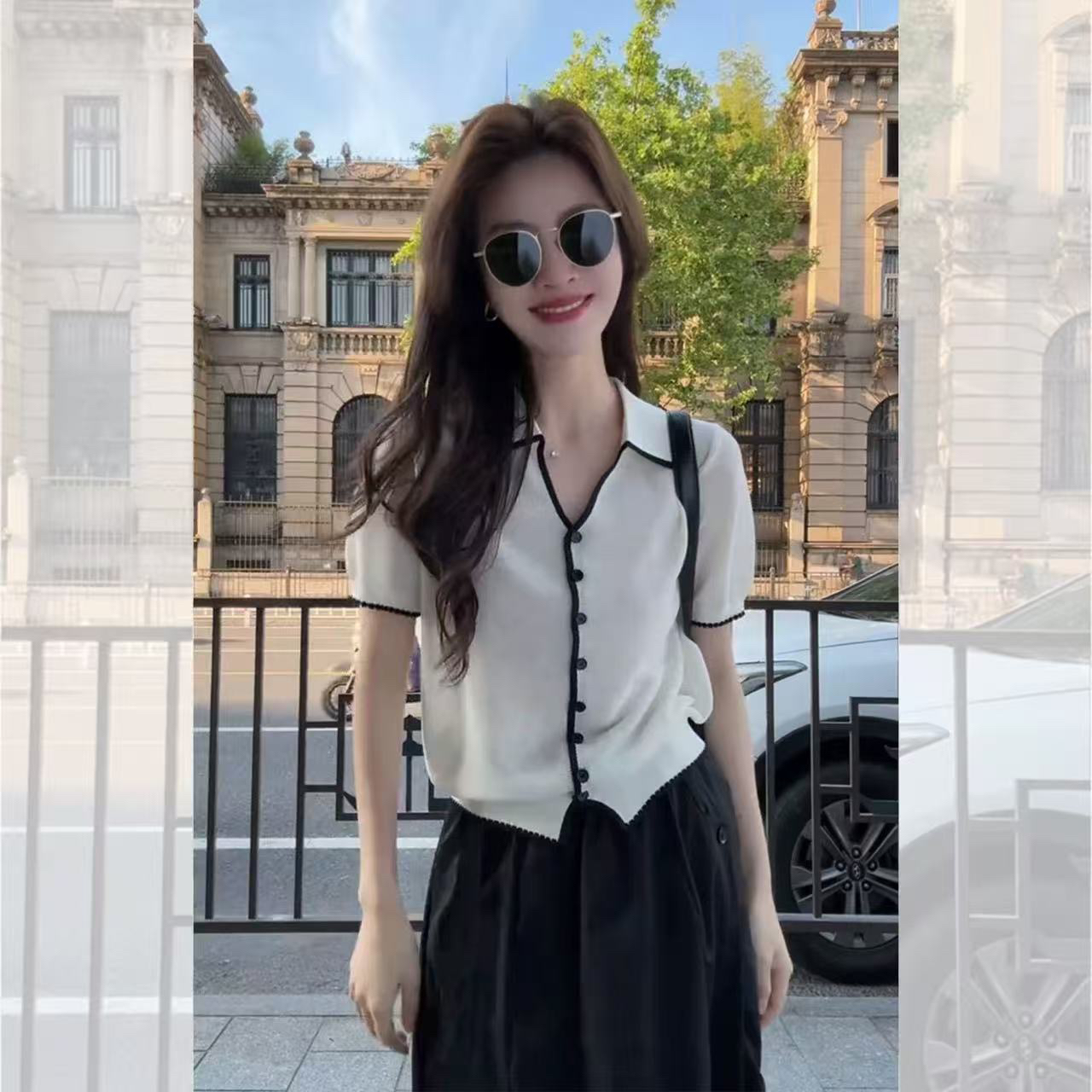 韓系Polo領灰色短袖冰絲針織開衫女巨好看的夏季獨特漂亮上衣薄款