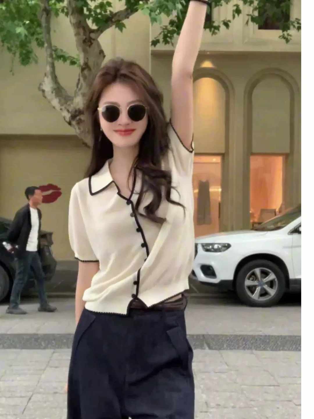 韓系Polo領灰色短袖冰絲針織開衫女巨好看的夏季獨特漂亮上衣薄款