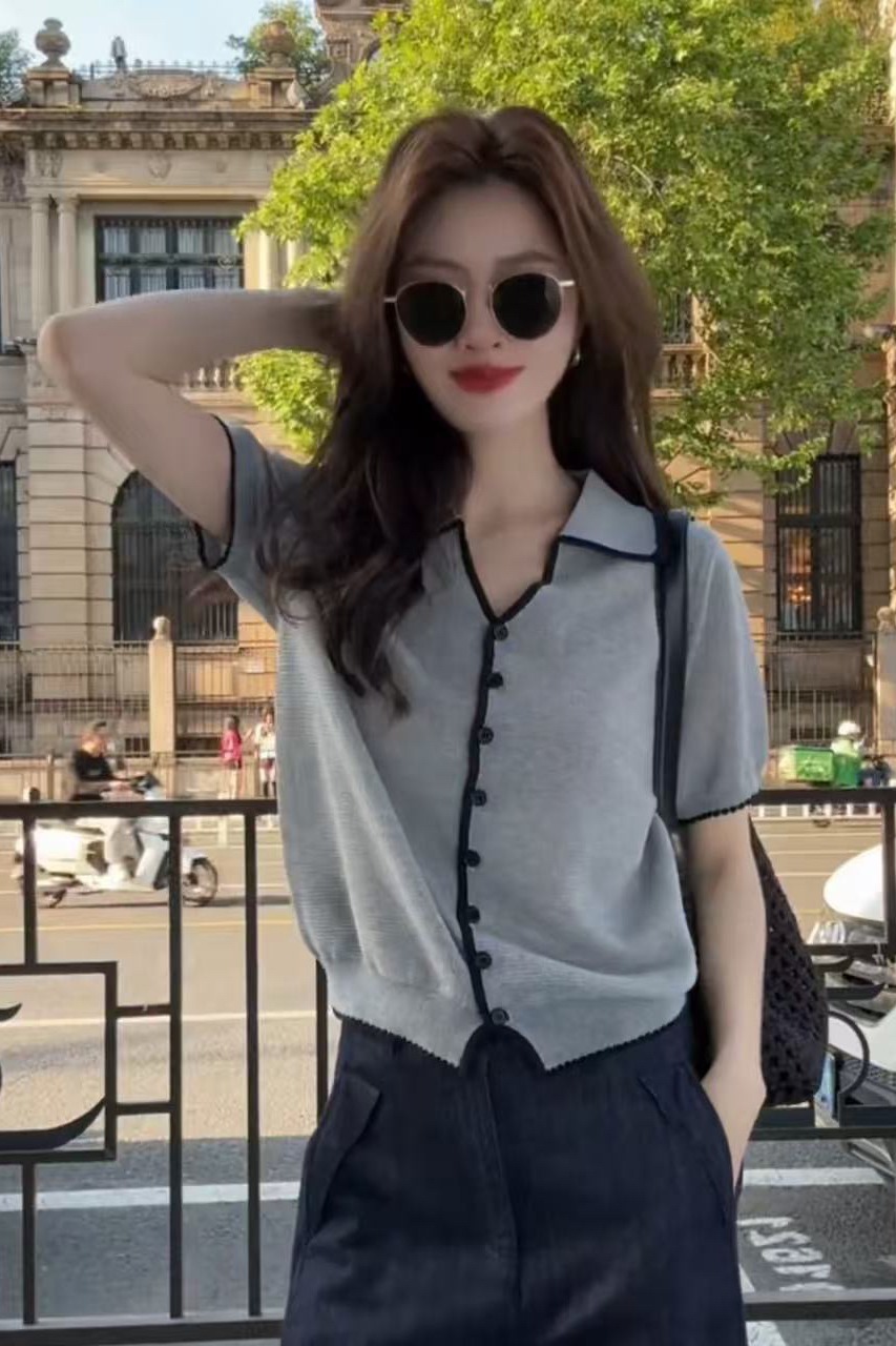 韓系Polo領灰色短袖冰絲針織開衫女巨好看的夏季獨特漂亮上衣薄款