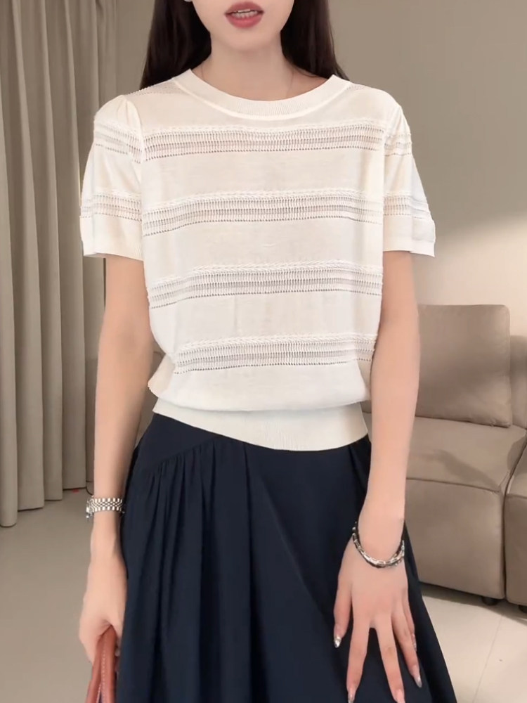 白色條紋鏤空短袖針織t恤女2026年夏季新款韓系休閑顯瘦減齡上衣