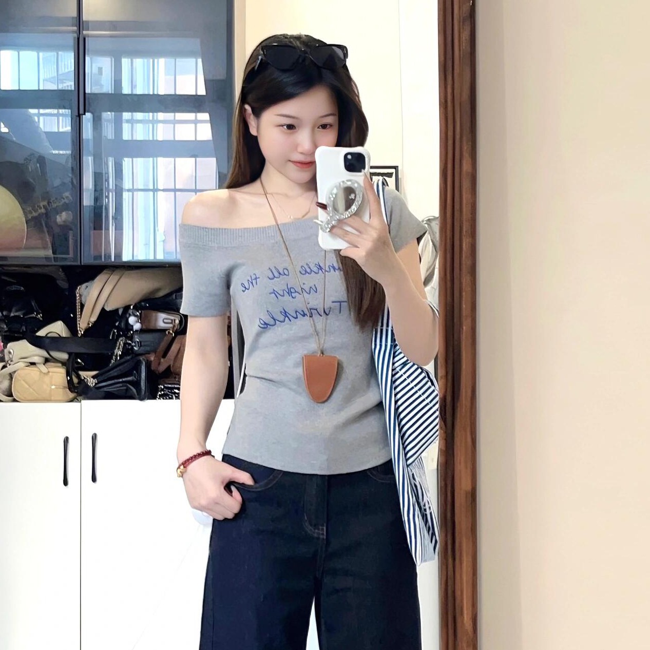 印花固色處理夏針織上衣修身氣質辣妹顯瘦復古一字肩T牛仔褲套裝