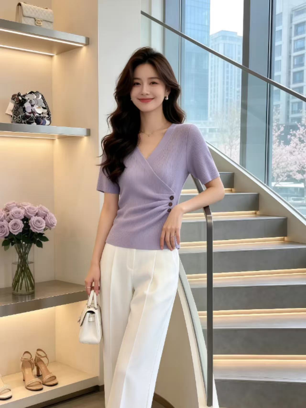 交叉V領紫色針織衫短袖T恤女2026夏季大碼胖mm收腰顯瘦不規則上衣