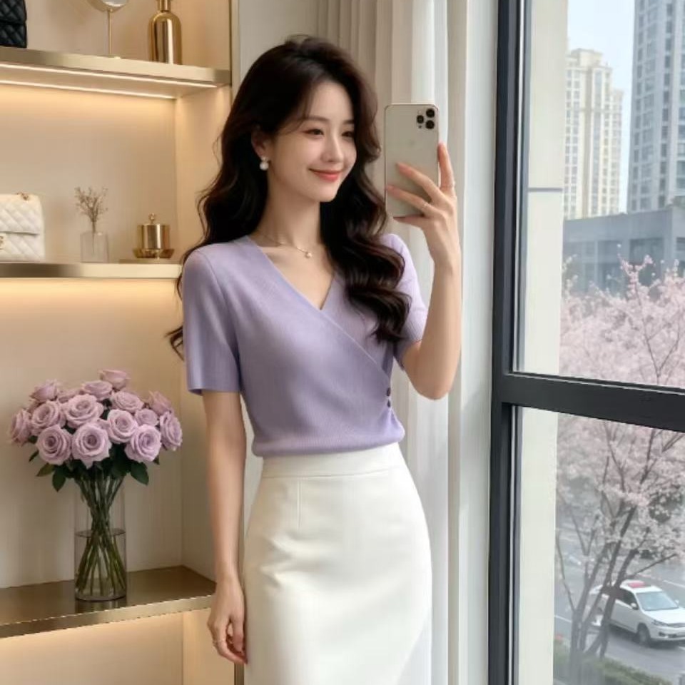交叉V領紫色針織衫短袖T恤女2026夏季大碼胖mm收腰顯瘦不規則上衣