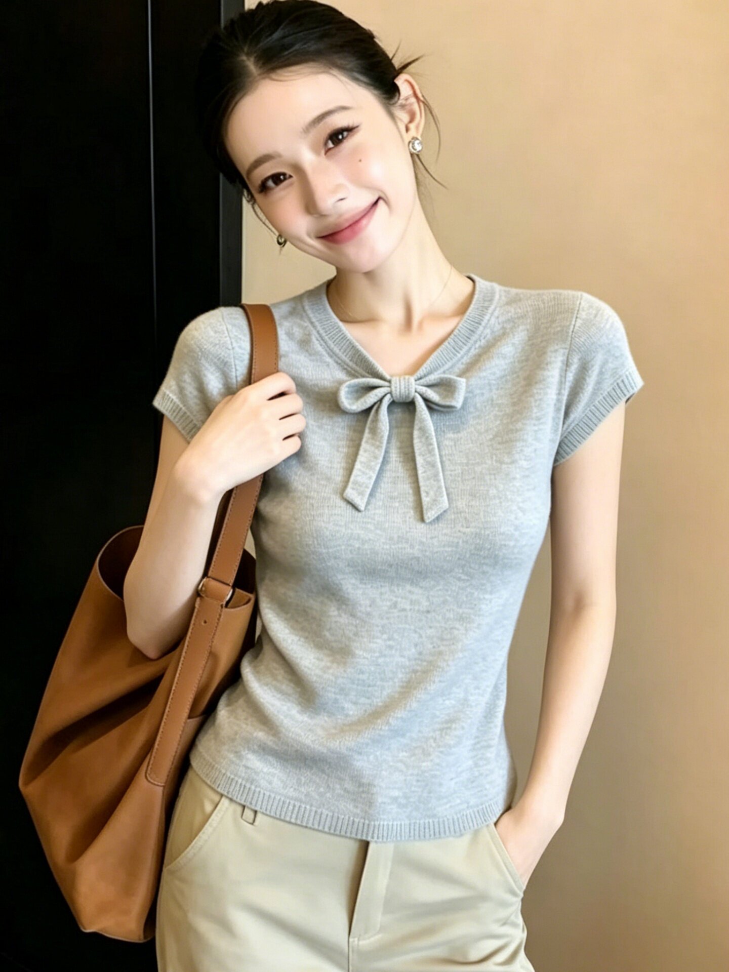 灰色蝴蝶結V領針織短袖女夏2026新款獨特漂亮薄款針織衫減齡上衣