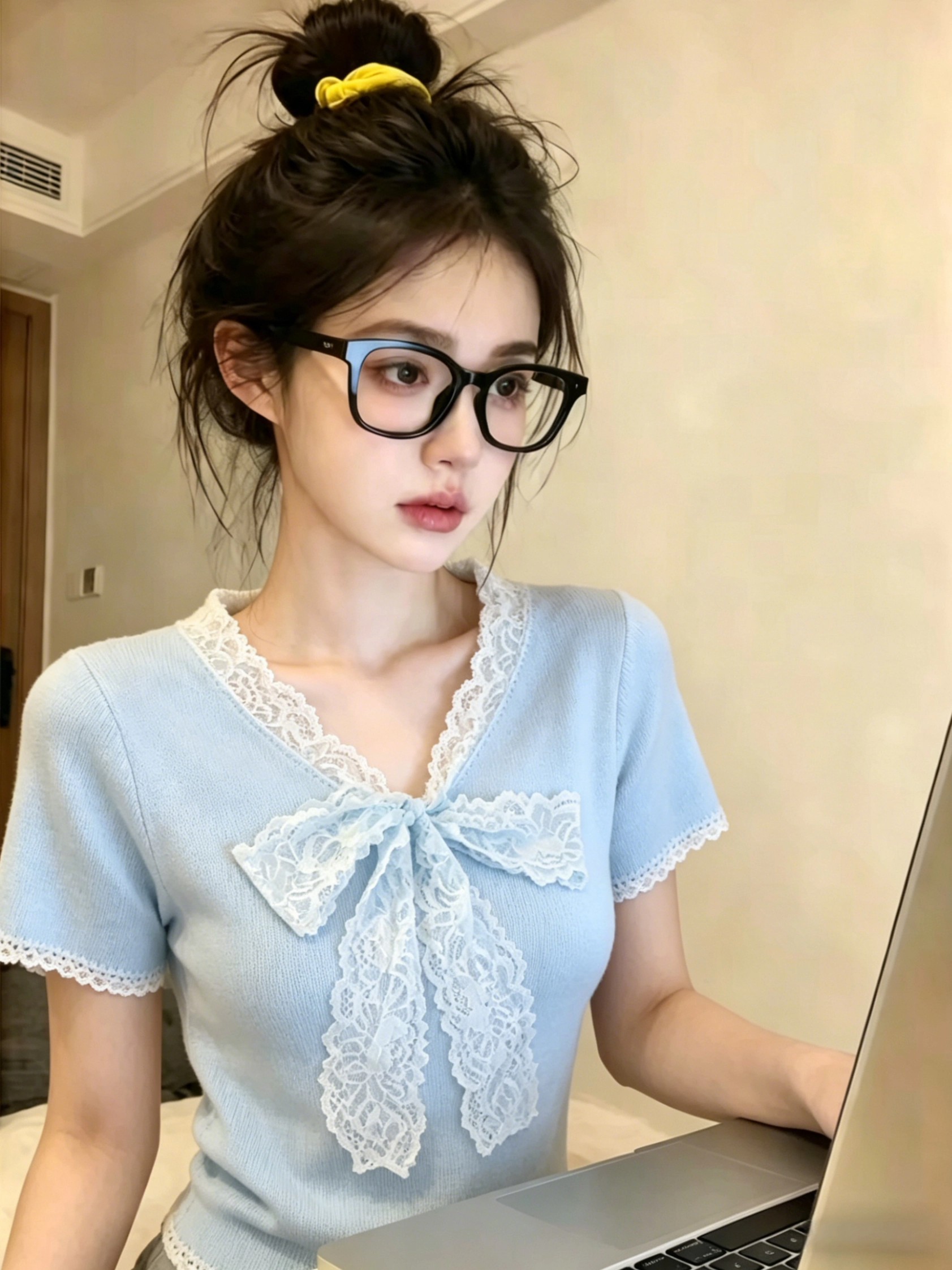 自留款推薦~甜美風蕾絲系帶短袖針織衫女夏季新款高級感漂亮上衣
