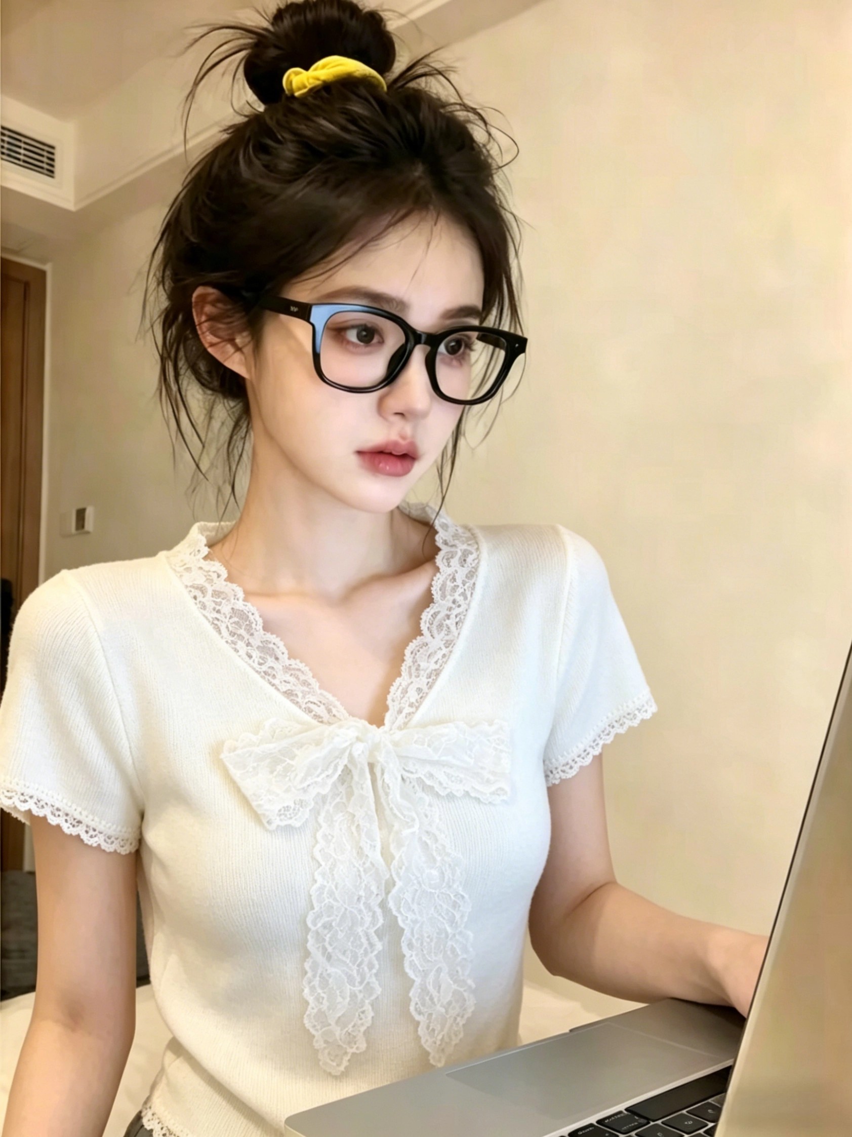 自留款推薦~甜美風蕾絲系帶短袖針織衫女夏季新款高級感漂亮上衣