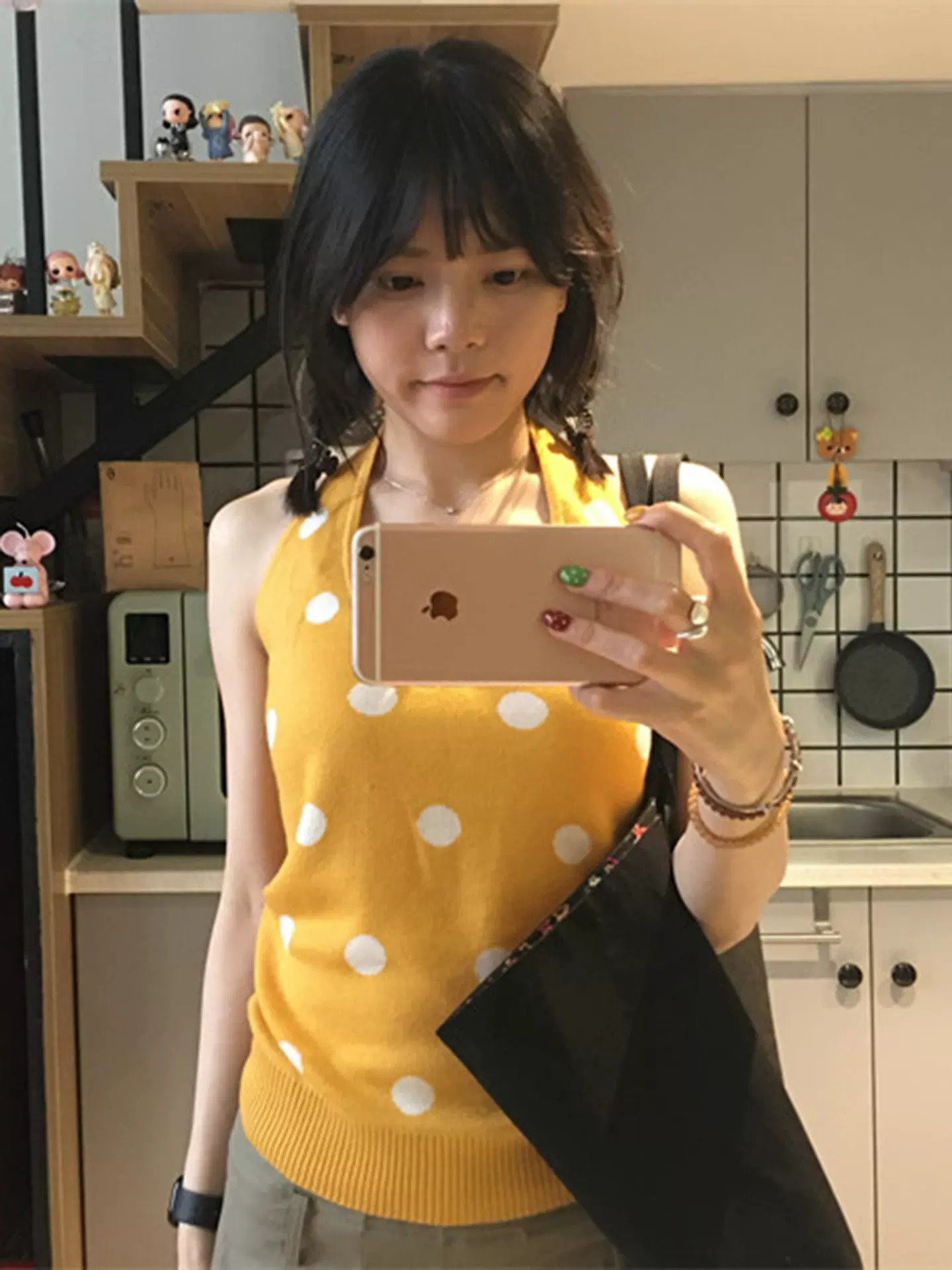 韓系復古黃色波點無袖吊帶掛脖背心女夏季修身顯瘦設計感百搭上衣