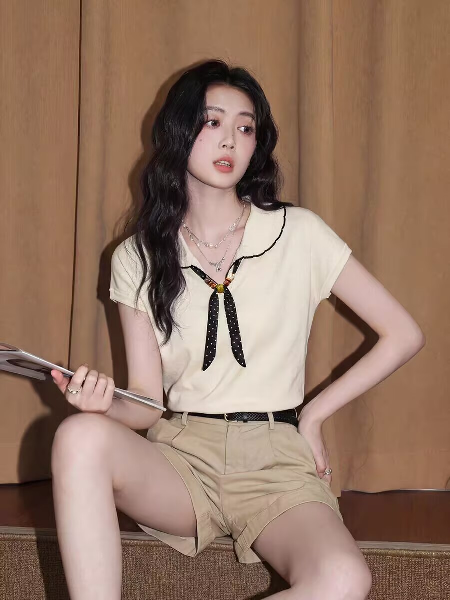 杏色冰絲短袖針織衫女夏季2026新款法式小資絲巾系帶翻領半袖上衣