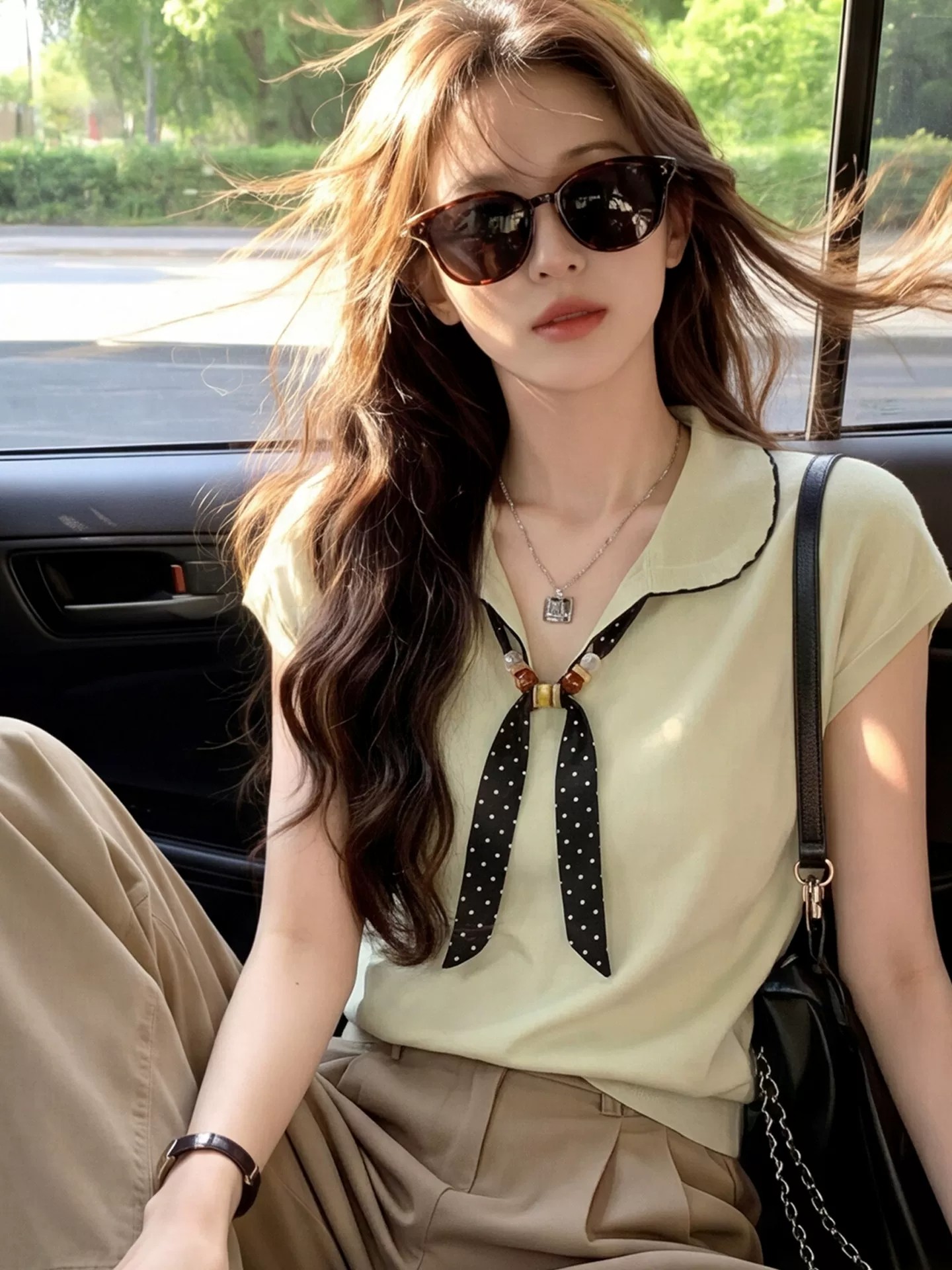 法式蝴蝶結波點系帶翻領絕美上衣巨好看設計感夏季修身短袖t恤女