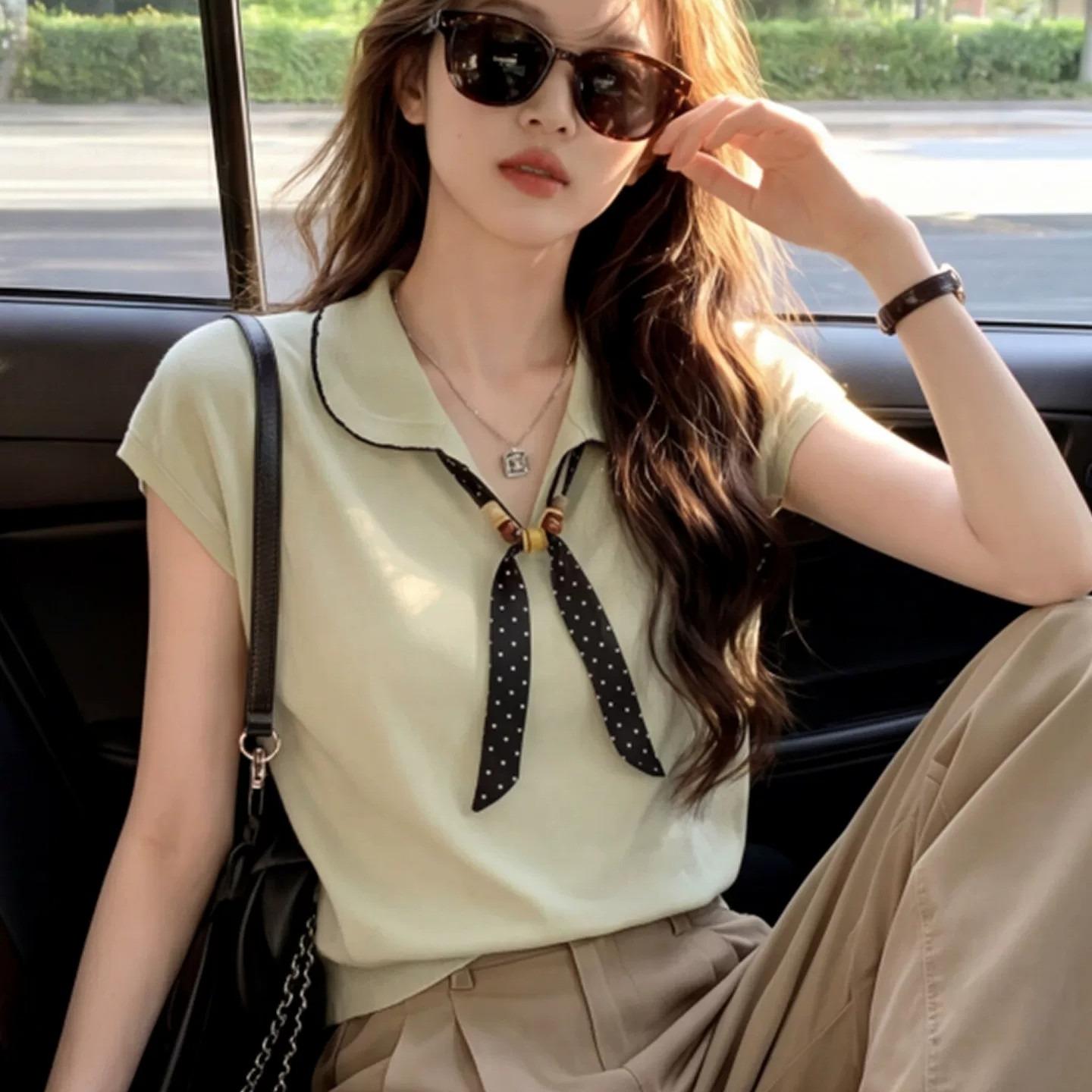 法式蝴蝶結波點系帶翻領絕美上衣巨好看設計感夏季修身短袖t恤女