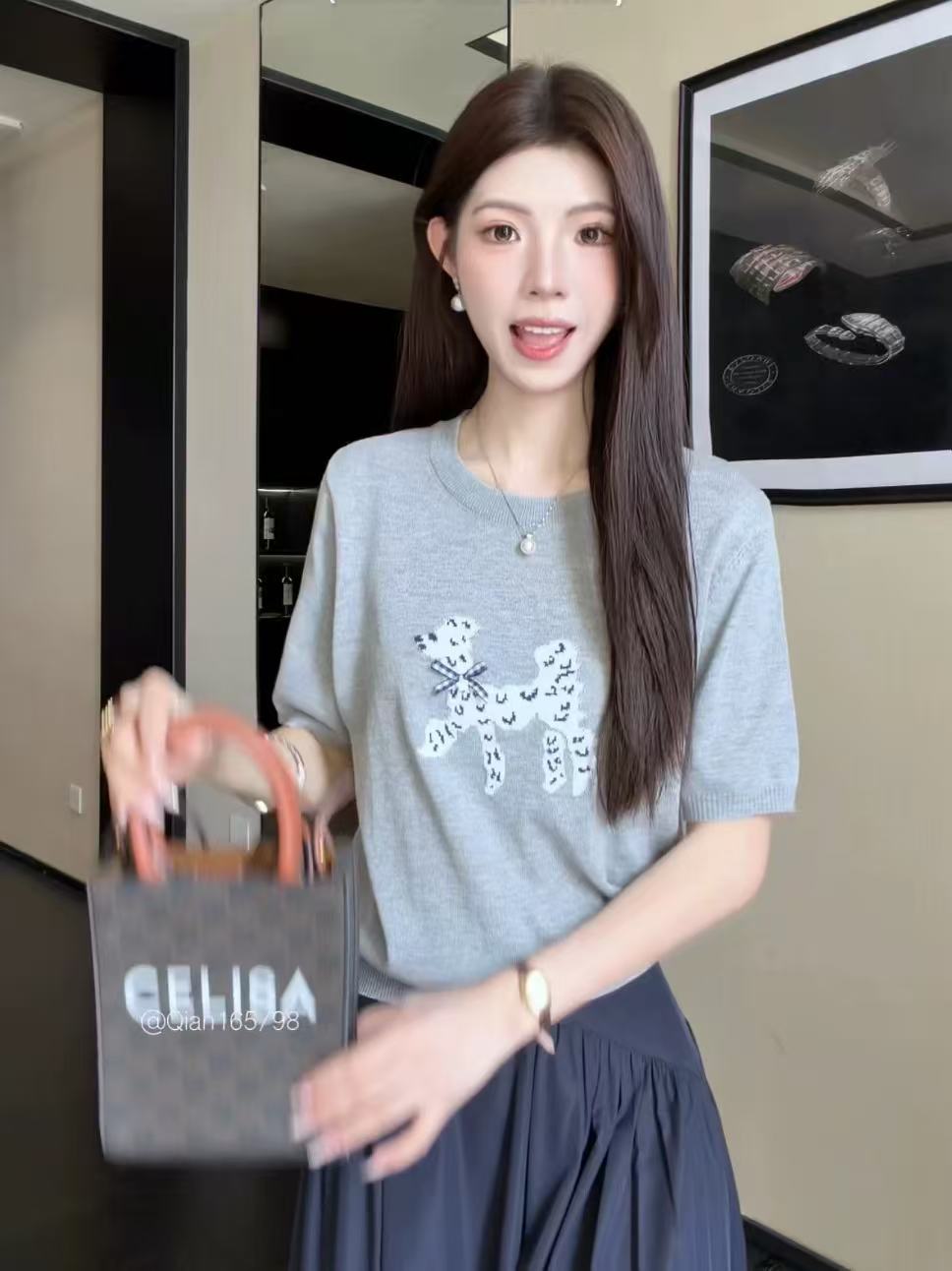 ZIYI小狗提花圓領減齡短袖針織衫女夏季百搭休閑上衣ZZ-0202