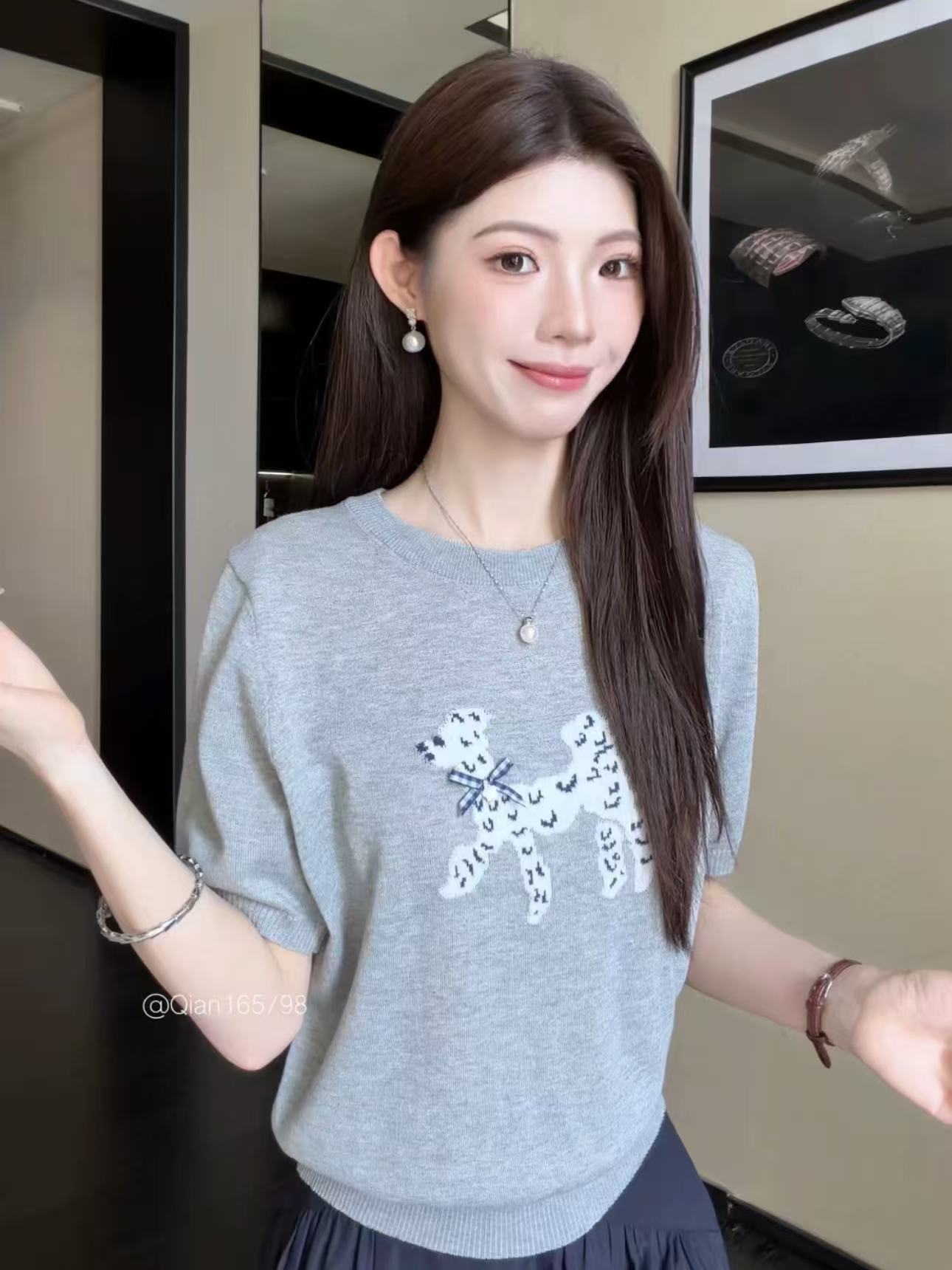 ZIYI小狗提花圓領減齡短袖針織衫女夏季百搭休閑上衣ZZ-0202