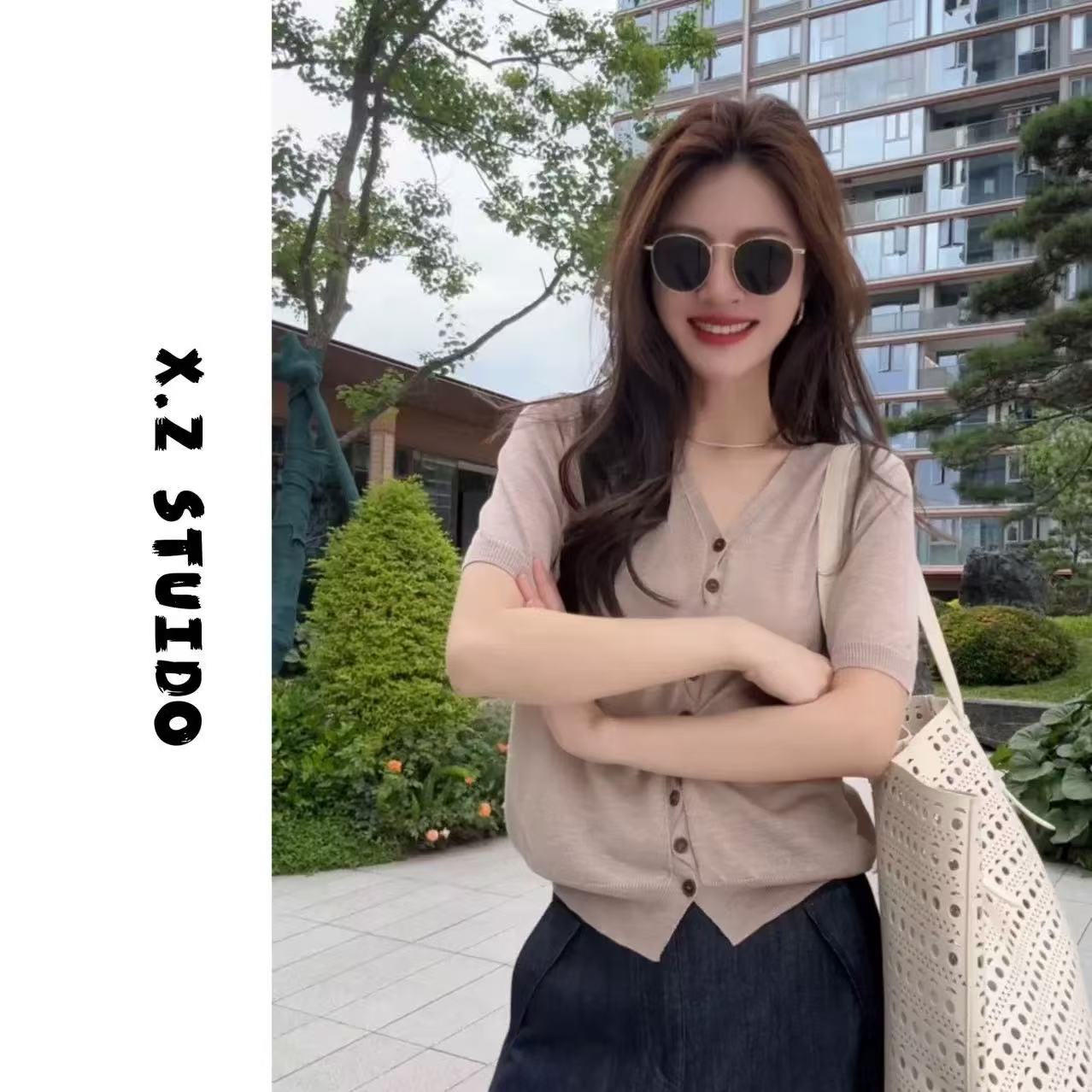X.ZHENV領不規則紐扣開衫短袖針織漂亮衣服夏季新款潮牌女裝