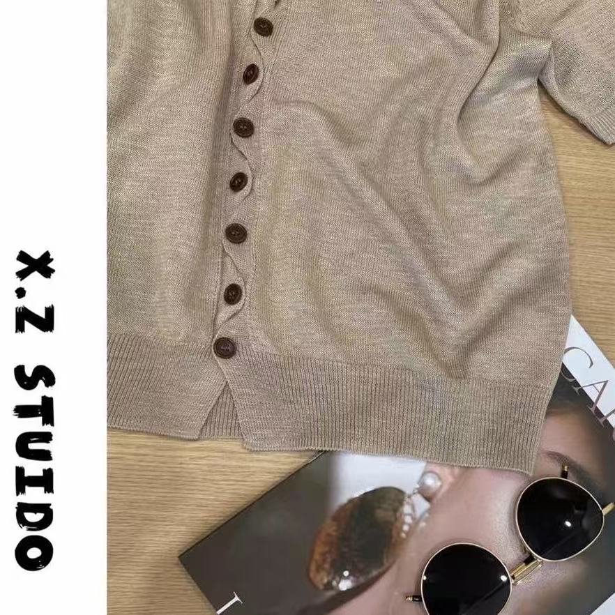 X.ZHENV領不規則紐扣開衫短袖針織漂亮衣服夏季新款潮牌女裝