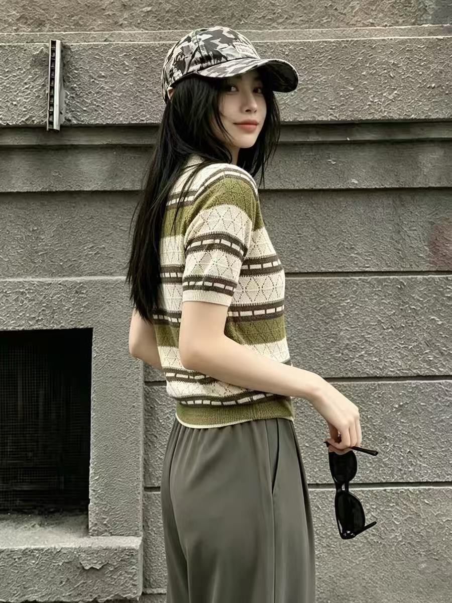 韓系學院風POLO領撞色條紋針織衫女短袖薄款百搭休閑減齡套頭上衣