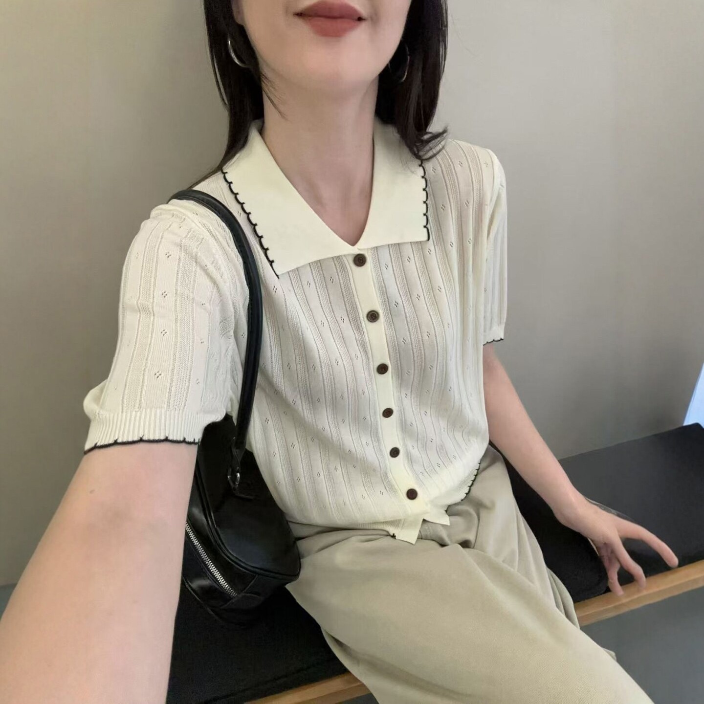 夏季薄款撞色翻領冰絲針織開衫短袖t恤女2026新款短款小個子上衣