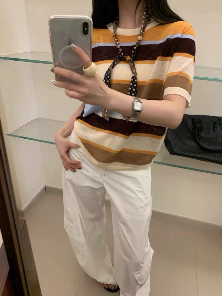 時尚彩色條紋圓領配絲巾短袖針織衫女夏季寬松顯瘦百搭上衣潮