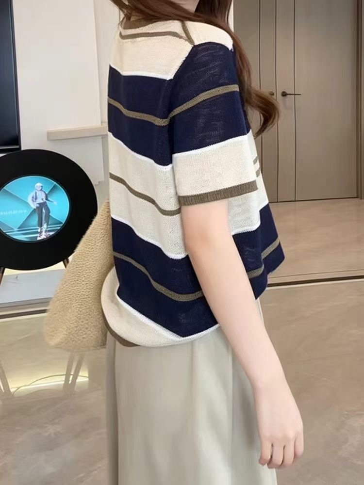安南UWSV新款2026夏季休閑通勤女款寬松圓領短袖拼色條紋針織衫