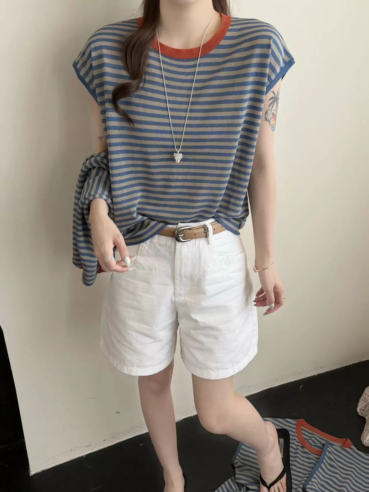 韓系撞色領條紋冰絲小飛袖坎肩2026夏季新款女氛圍感時髦爆款背心
