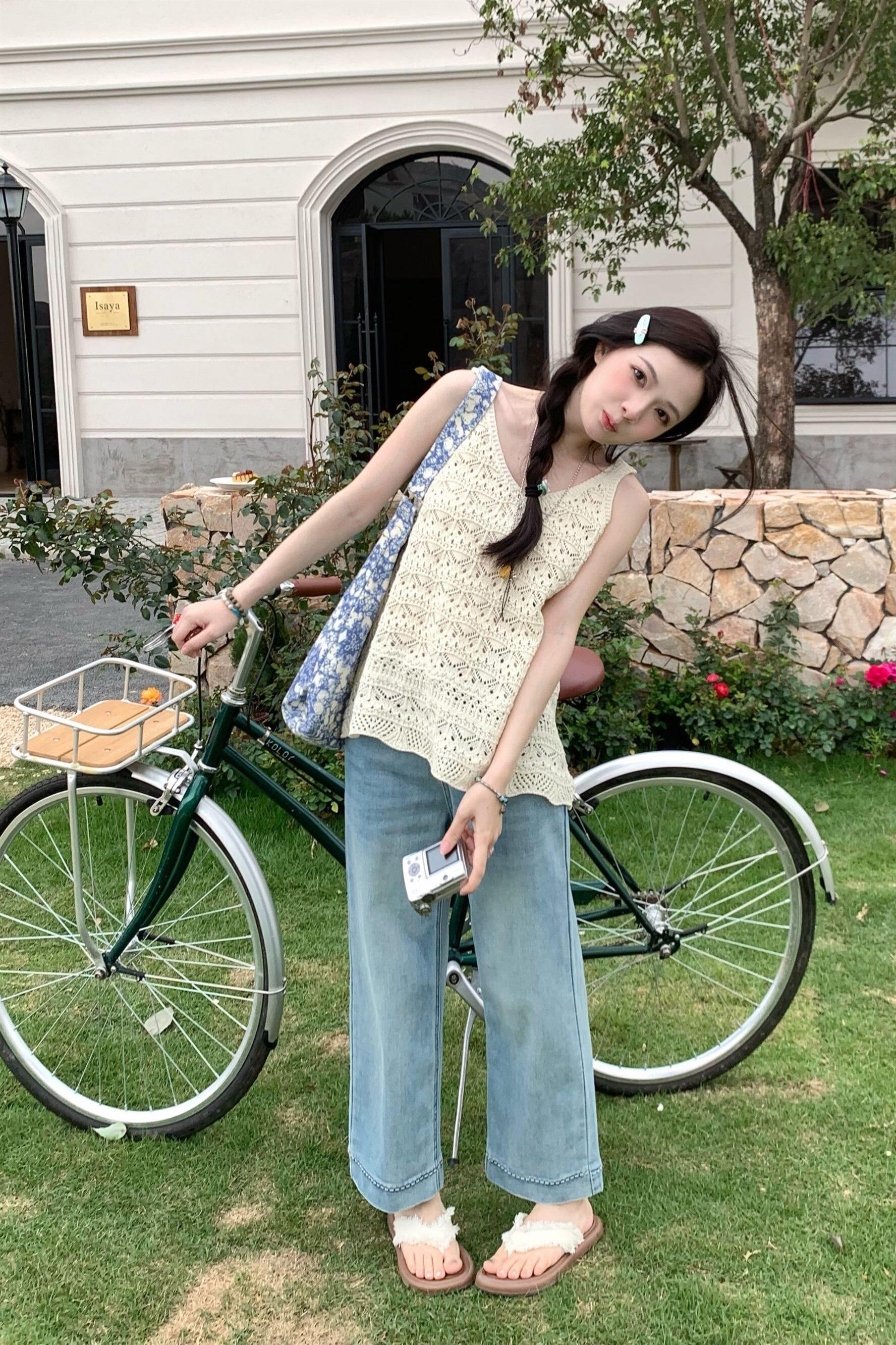 紅色鉤花鏤空V領背心女夏季薄款設計感巨好看寬松無袖上衣
