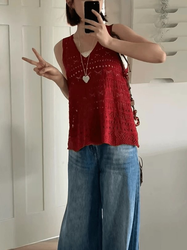 小眾獨特漂亮鏤空內搭針織背心吊帶女寬松顯瘦夏外穿無袖V領上衣