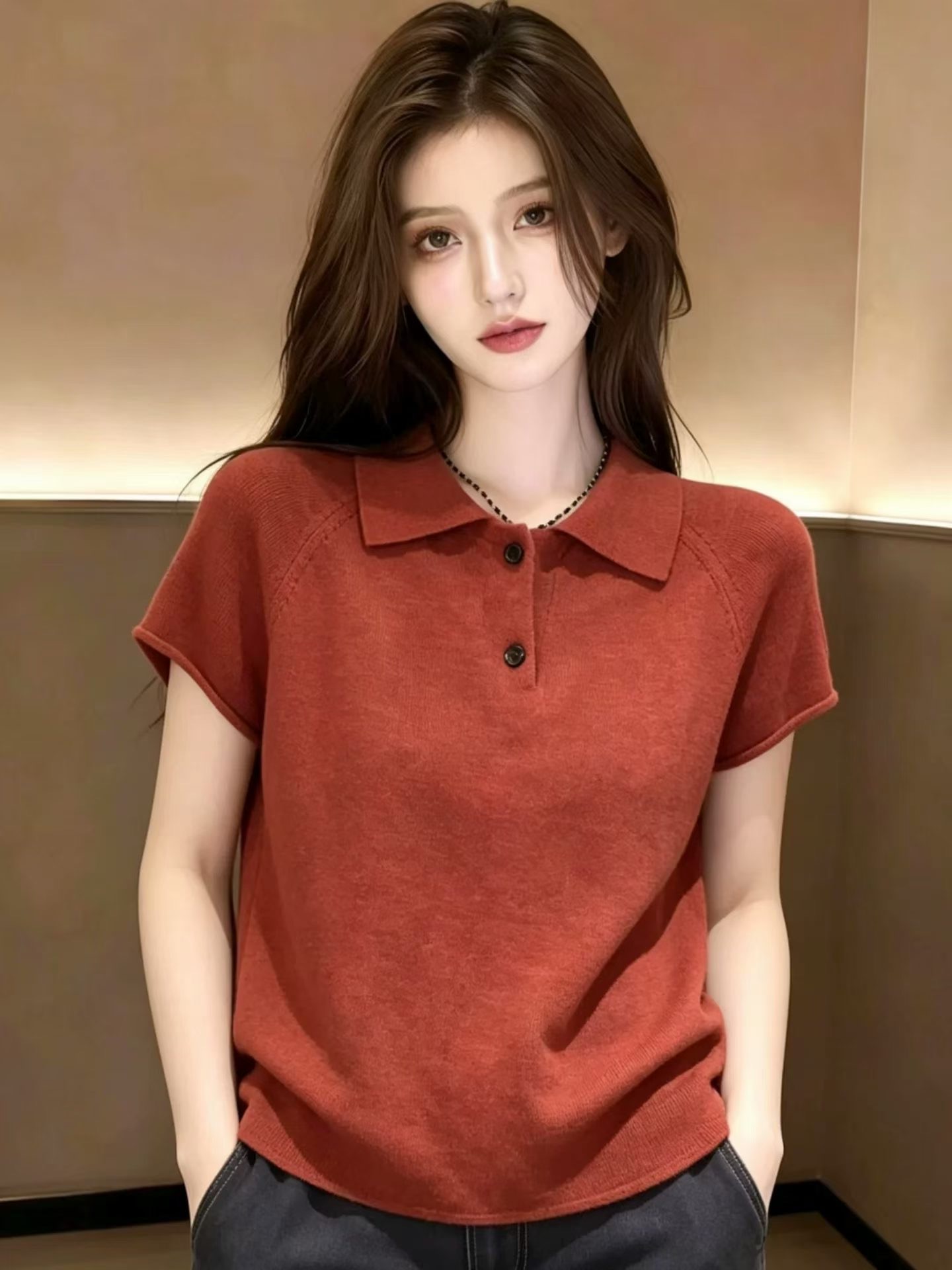 紅色翻領針織衫女士夏季修身顯瘦冰絲薄款正肩短袖polo衫t恤上衣