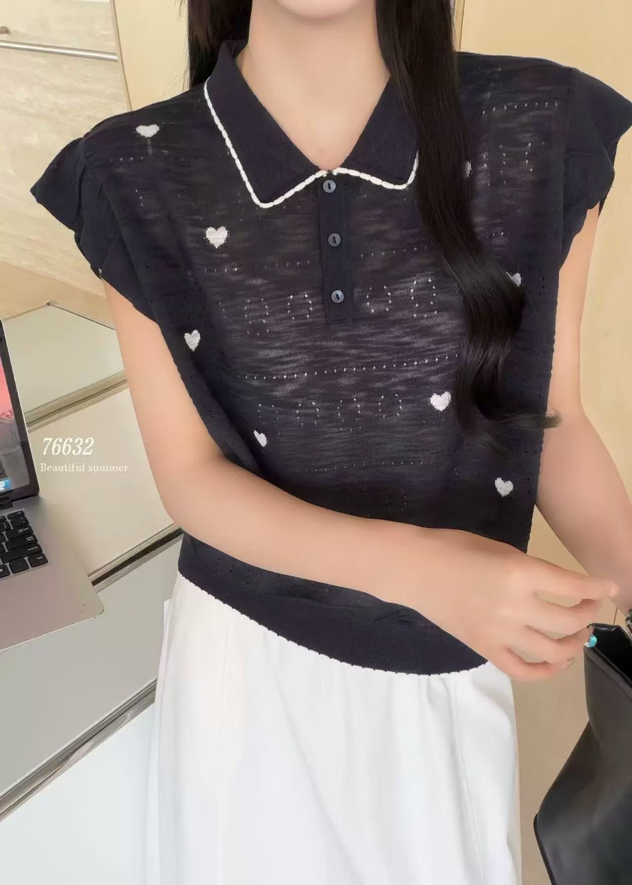 獨特別致短袖T恤女夏季薄款翻領撞色愛心針織衫百搭上衣