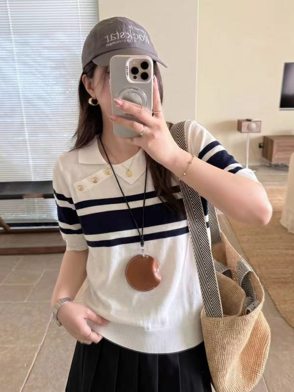 韓系條紋polo衫冰絲針織短袖正肩t恤女夏季巨好看獨特漂亮的上衣