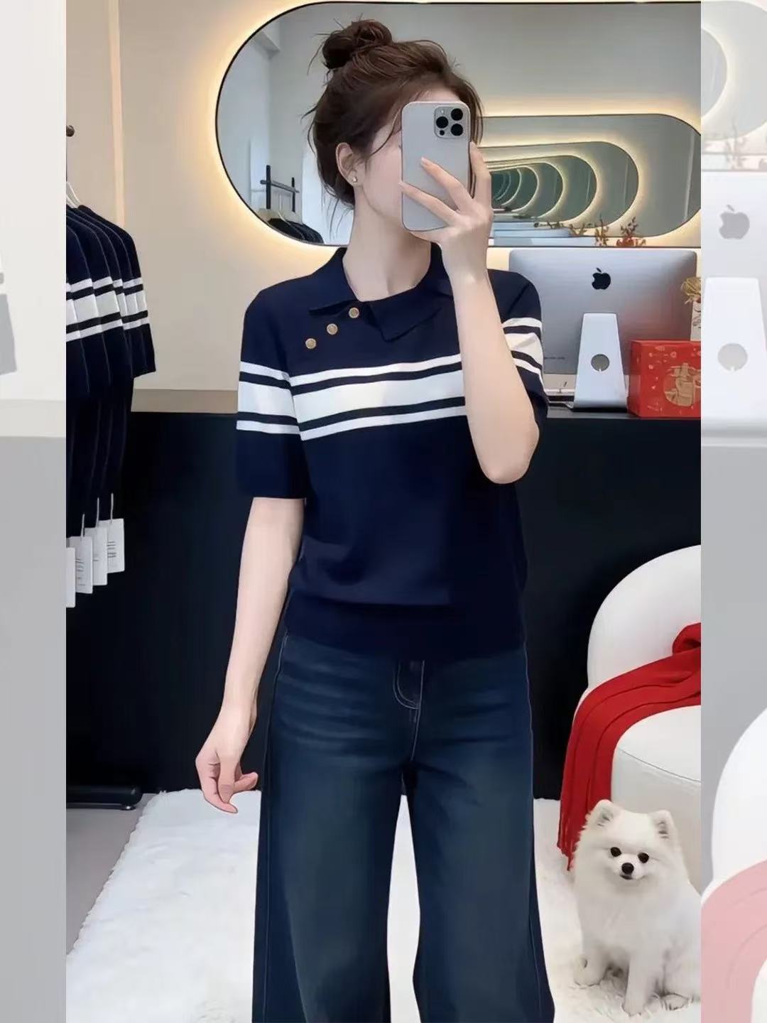 韓系條紋polo衫冰絲針織短袖正肩t恤女夏季巨好看獨特漂亮的上衣