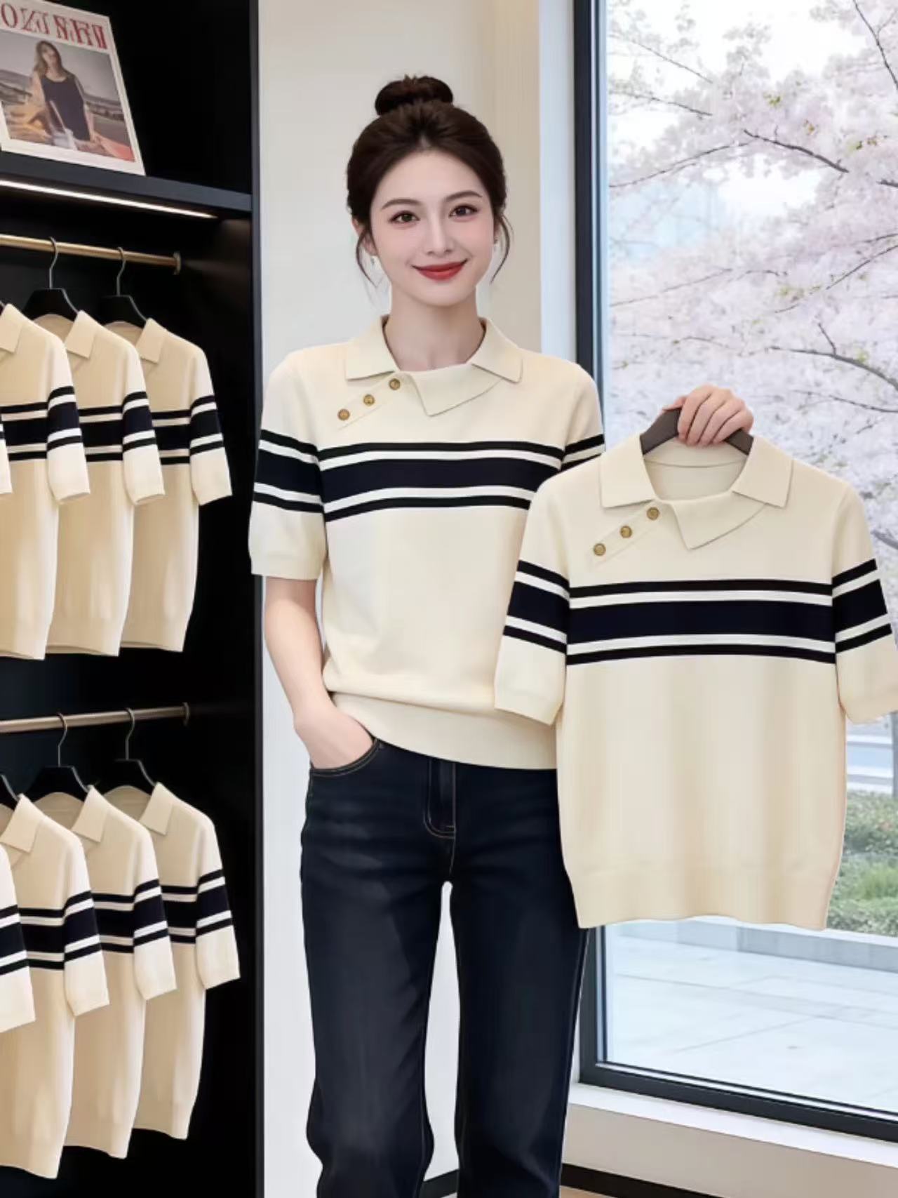 韓系條紋polo衫冰絲針織短袖正肩t恤女夏季巨好看獨特漂亮的上衣