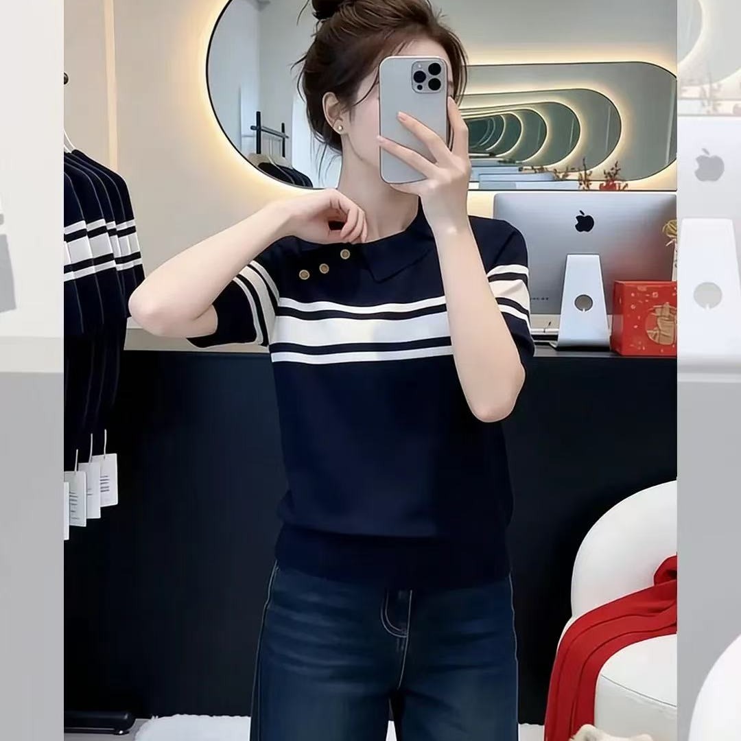 韓系條紋polo衫冰絲針織短袖正肩t恤女夏季巨好看獨特漂亮的上衣